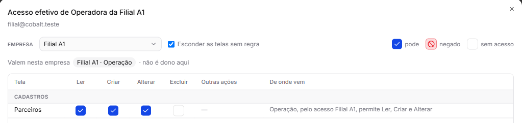 O acesso efetivo da operadora na Filial A1: Ler, Criar e Alterar em Parceiros, pelo grupo Operação