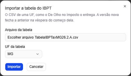 A janela Importar a tabela do IBPT, com o arquivo TabelaIBPTaxMG26.2.A.csv escolhido e a UF MG preenchida pelo nome dele