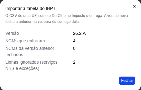 O resumo da importação: a versão 26.2.A, quatro NCMs que entraram, nenhum fechado e duas linhas ignoradas