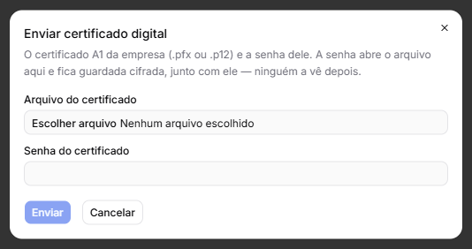 A janela Enviar certificado digital, com o arquivo e a senha