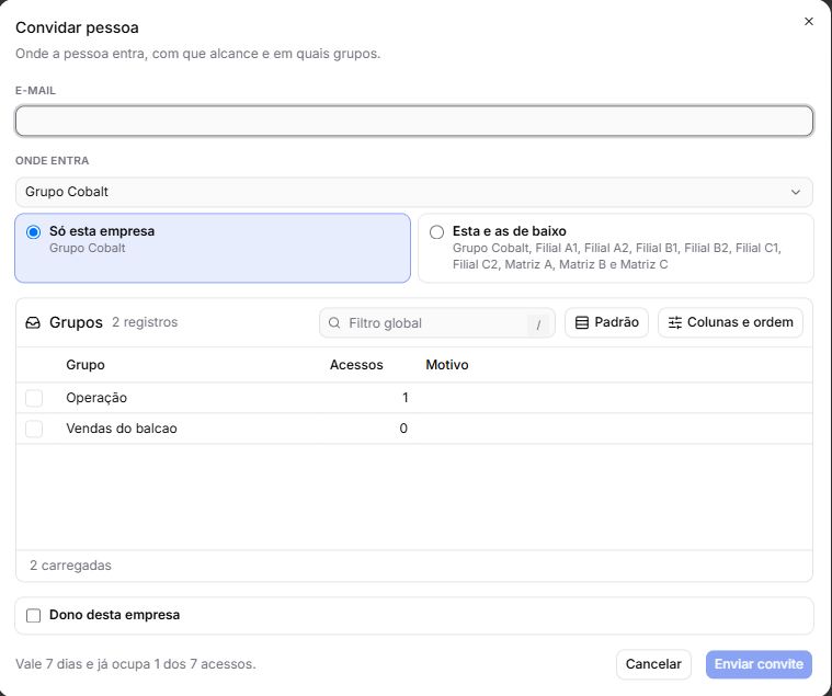 A janela de convidar, com a empresa, o alcance, os grupos e a marca de dono