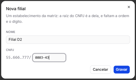 A janela da nova filial, com a raiz da Matriz D travada e a ordem e o dígito digitados