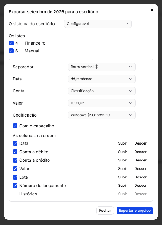 A janela Exportar setembro de 2026 para o escritório, no Configurável: os lotes 4 — Financeiro e 6 — Manual marcados, o separador barra vertical, a conta pela classificação e as colunas na ordem, com o lote antes do número do lançamento e o histórico de fora
