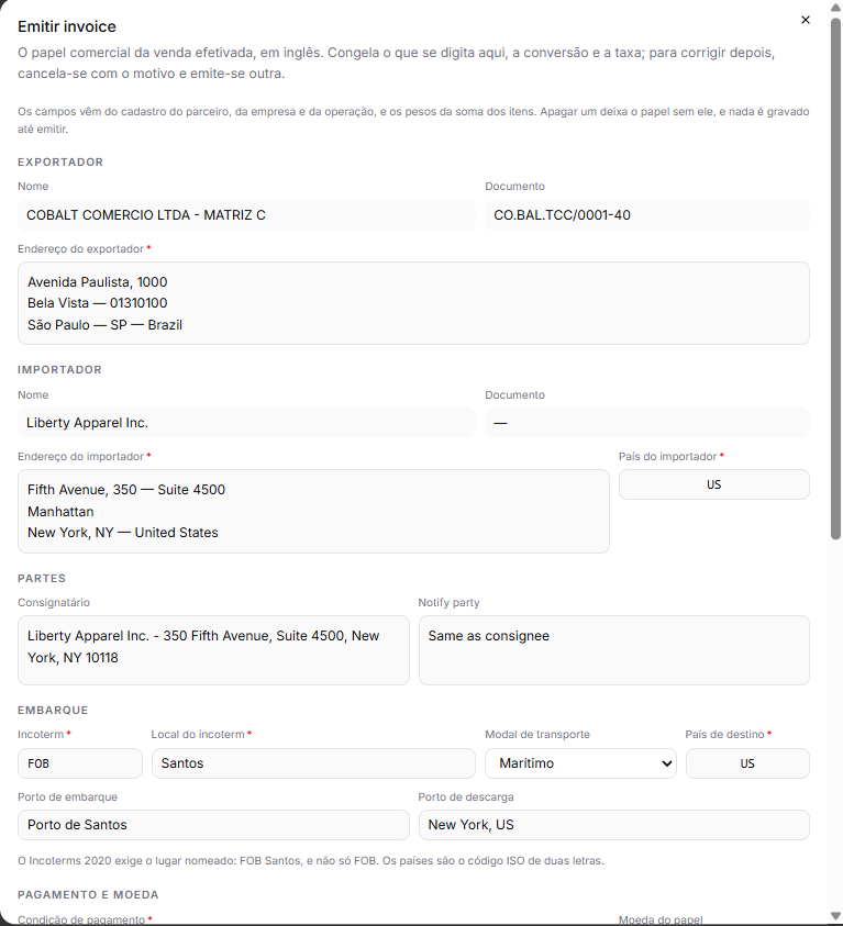 A janela Emitir invoice