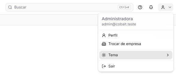 O menu da conta aberto, ao lado da busca de telas, do ? e do sino