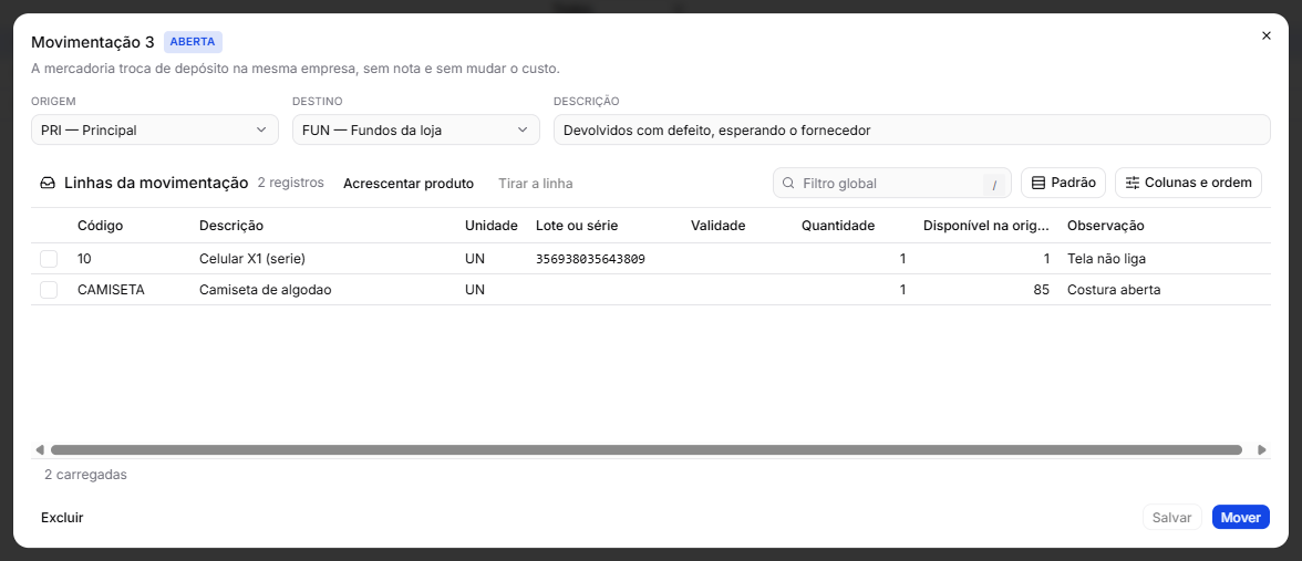 Uma movimentação aberta do Principal para os Fundos da loja, com um celular pela série e uma camiseta, e o disponível de cada um na origem