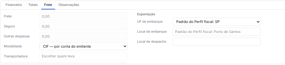 A aba Frete de uma venda de exportação