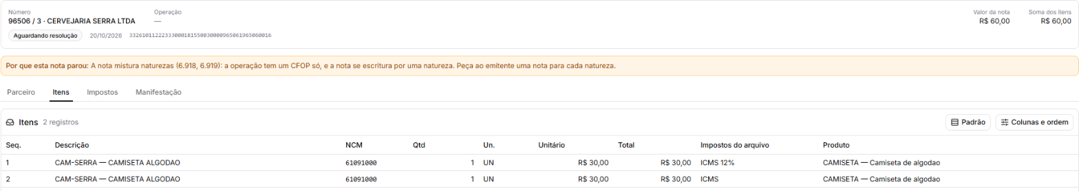 Uma nota recebida aberta para processar, com o motivo de ter parado