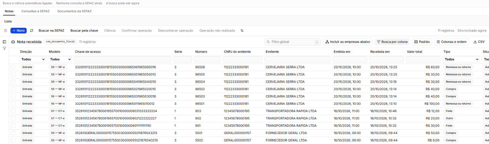 A lista das notas recebidas