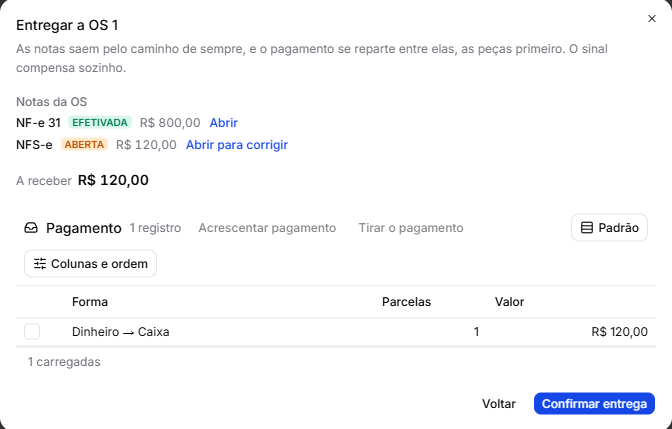 A janela do Entregar depois de uma NFS-e recusada: a NF-e das peças efetivada, a NFS-e aberta para corrigir, e o pagamento só do que falta