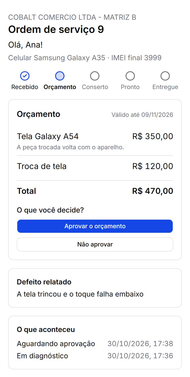 A página do link no celular: as etapas, o orçamento com o destino da peça, o Aprovar e o Não aprovar