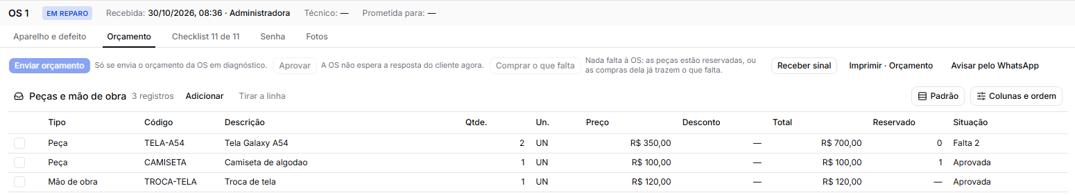 A aba Orçamento de uma OS em reparo: a tela que falta, a camiseta do acréscimo aprovada e a mão de obra