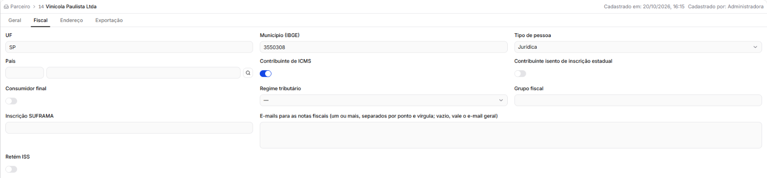 A ficha de um parceiro, na aba Fiscal