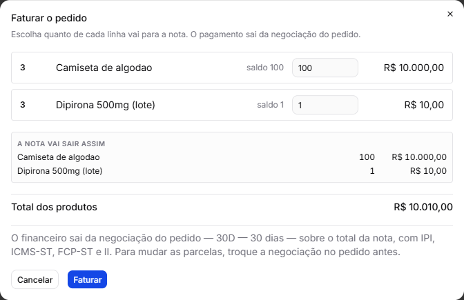 A janela de faturar um pedido