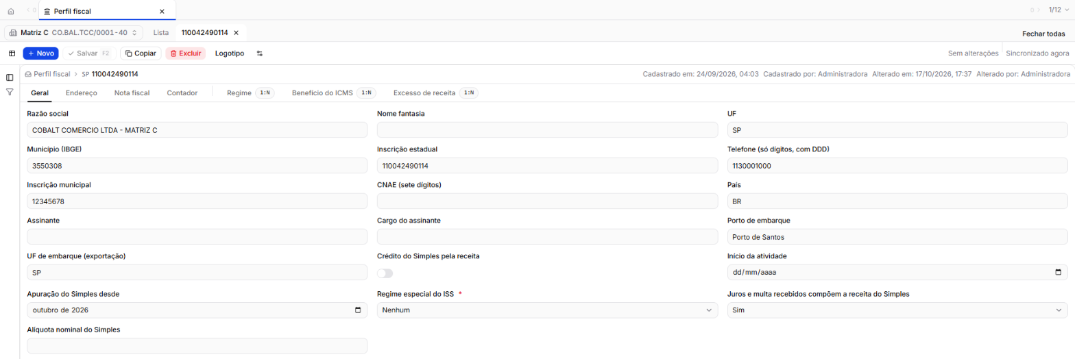 A ficha do Perfil fiscal da Matriz C, na aba Geral