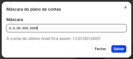 A janela da máscara do plano de contas, com a máscara 9.9.99.999.9999 e a conta do último nível que ela forma, 1.1.01.001.0001