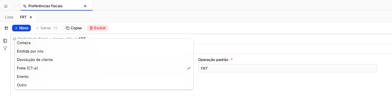 A ficha de uma preferência fiscal, com a lista dos tipos de nota aberta