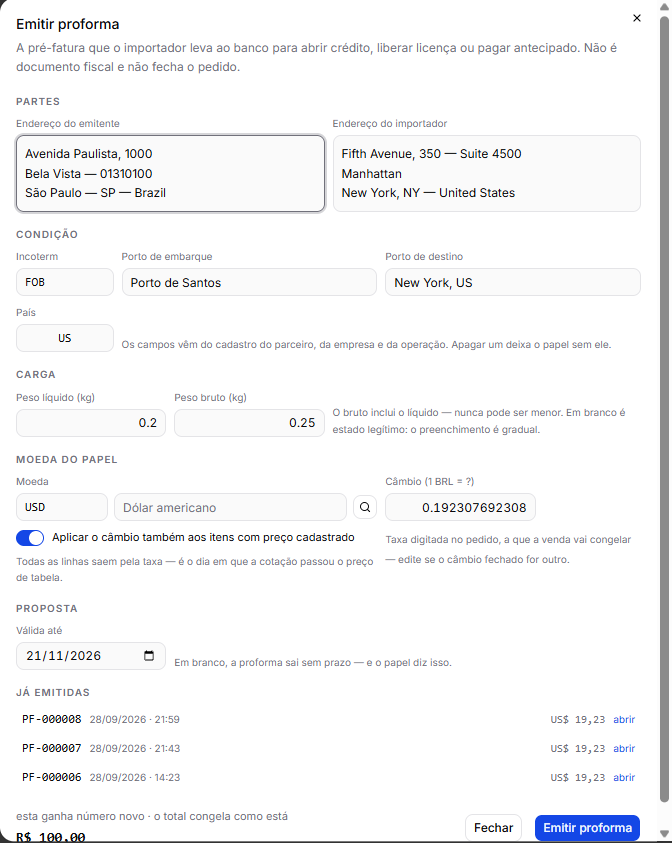 A janela Emitir proforma