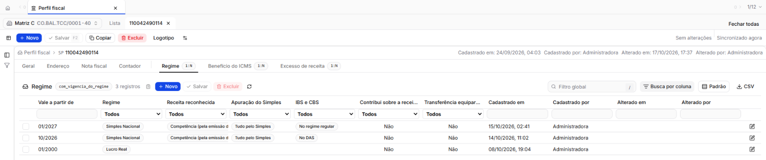 A sub-aba Regime do Perfil fiscal da Matriz C, com três linhas