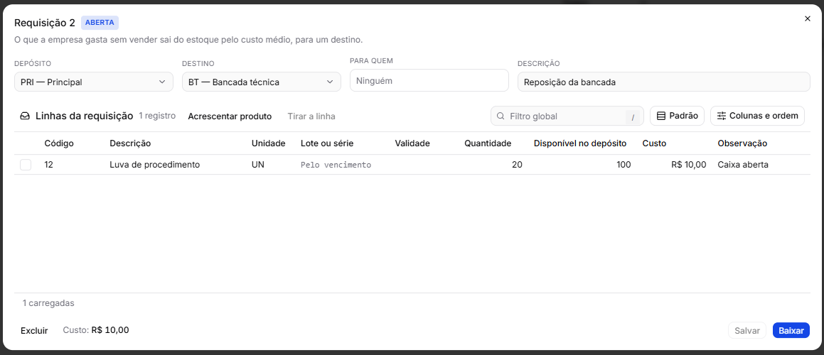 Uma requisição aberta para a bancada técnica, com 20 luvas pelo vencimento, o disponível no depósito e o custo