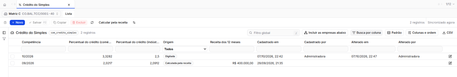 A tela Crédito do Simples, com uma linha digitada e uma calculada pela receita