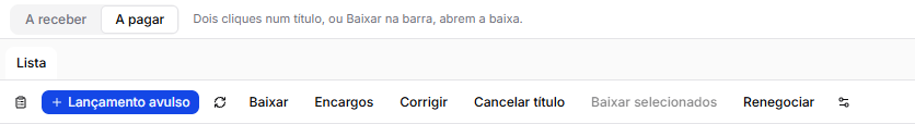 O recorte a receber e a pagar, e a barra dos títulos com um título marcado